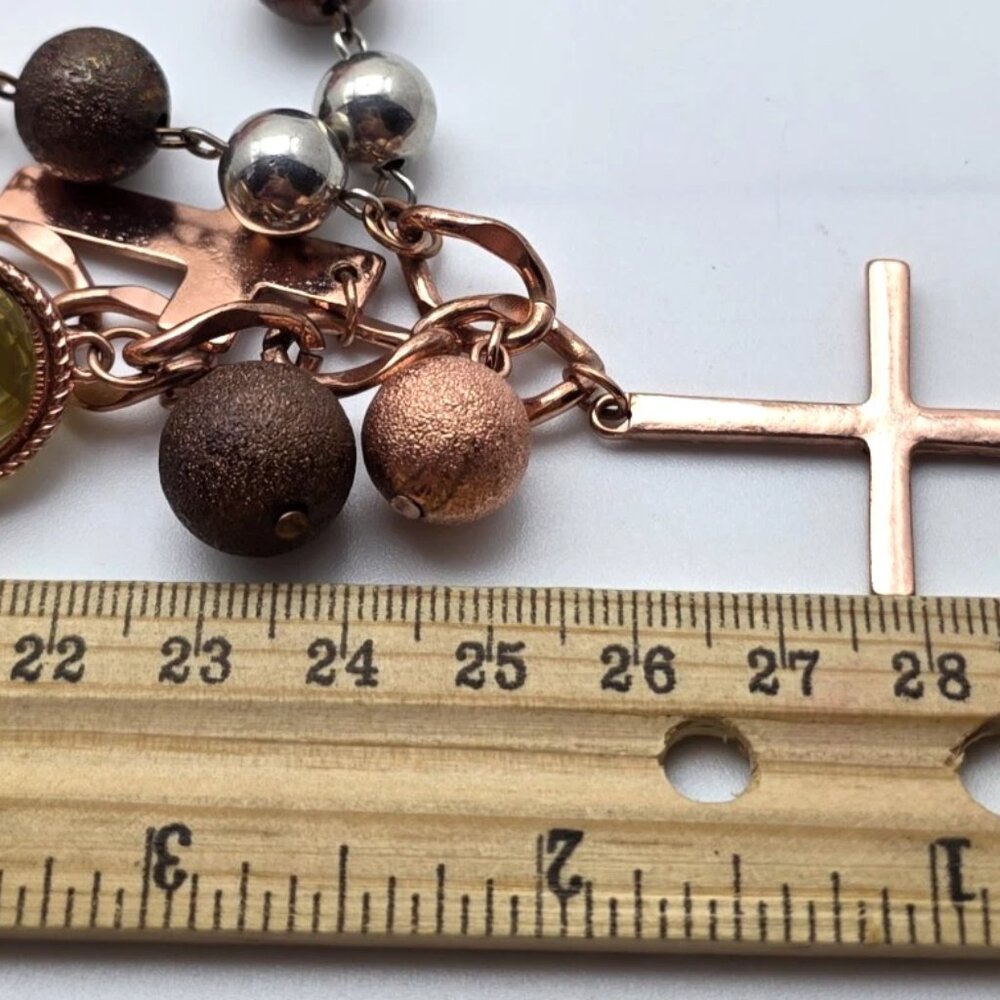 Long Copper Tone Cross Necklace Yellow Crystal Beads Boho 29 In Adj. - Picture 9 of 9